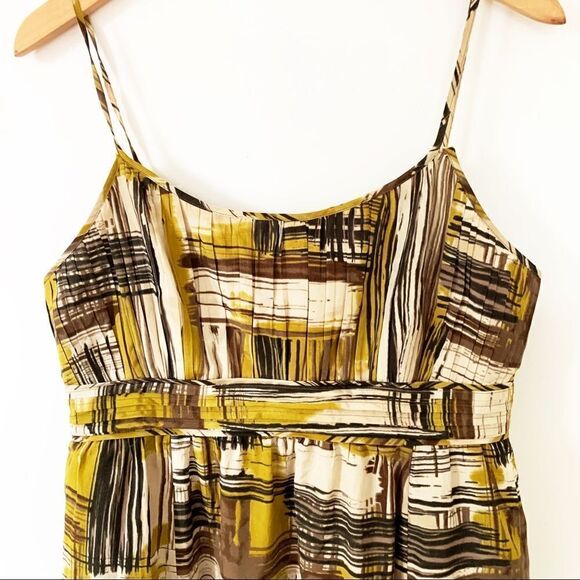 Halogen Yellow Browns Printed Silk Spaghetti Strap Pleated Pockets Dress - Picture 3 of 6
